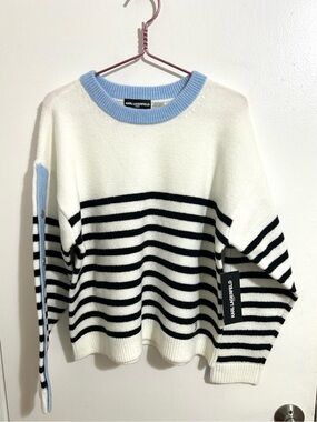 NWT Women’s Karl Lagerfield Paris Striped Black & White Button Sleeve Sweater
